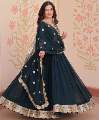 Teal faux blooming embroidered anarkali set with dupatta 2