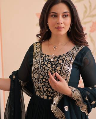 Teal faux blooming embroidered anarkali set with dupatta 3