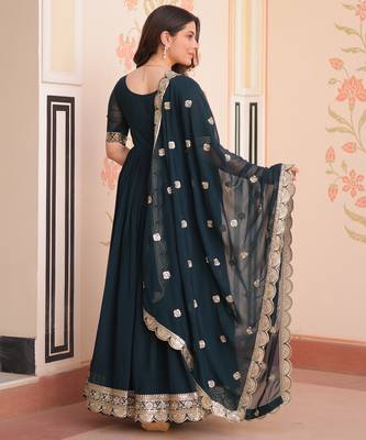Teal faux blooming embroidered anarkali set with dupatta 4