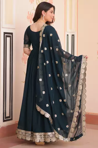 Teal faux blooming embroidered anarkali set with dupatta