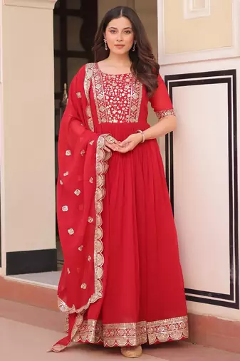 Red faux blooming embroidered anarkali set with dupatta