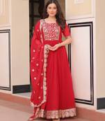 Red faux blooming embroidered anarkali set with dupatta