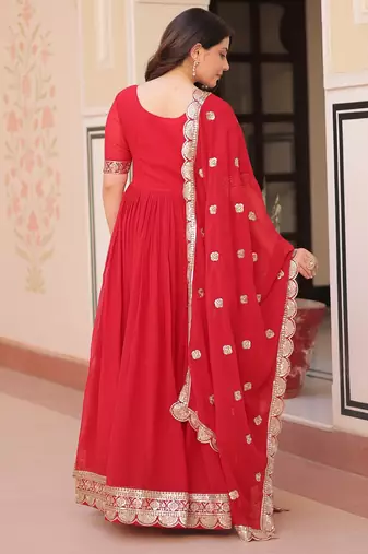 Red faux blooming embroidered anarkali set with dupatta