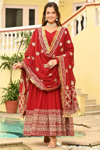 Maroon faux blooming embroidered anarkali set with dupatta