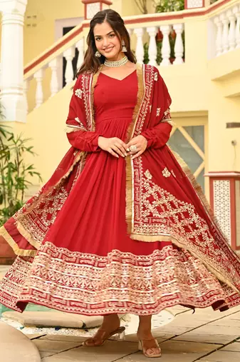 Maroon faux blooming embroidered anarkali set with dupatta
