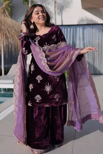 Wine ice velvet zari embroidered kurta set with dupatta