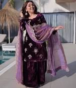 Wine ice velvet zari embroidered kurta set with dupatta