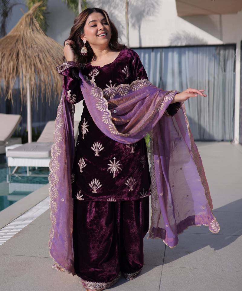 Wine ice velvet zari embroidered kurta set with dupatta