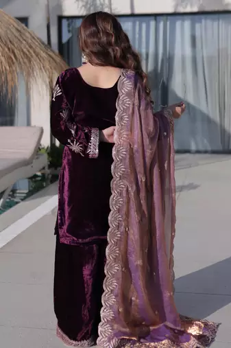 Wine ice velvet zari embroidered kurta set with dupatta