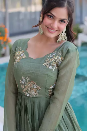 Sea green silver crunchy beads embroidered designer anarkali set