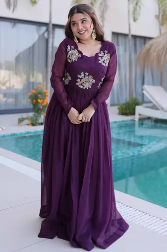 Wine silver crunchy beads embroidered designer anarkali set