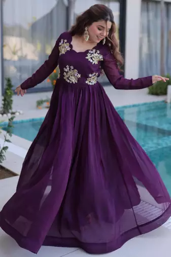 Wine silver crunchy beads embroidered designer anarkali set
