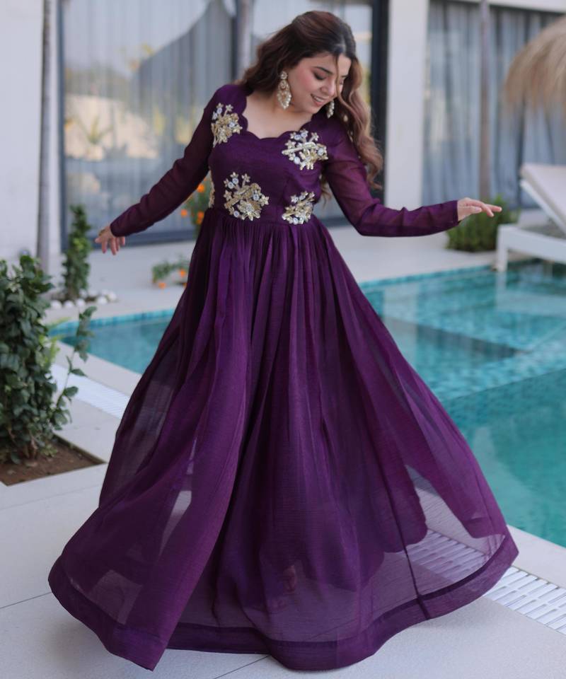 Wine silver crunchy beads embroidered designer anarkali set