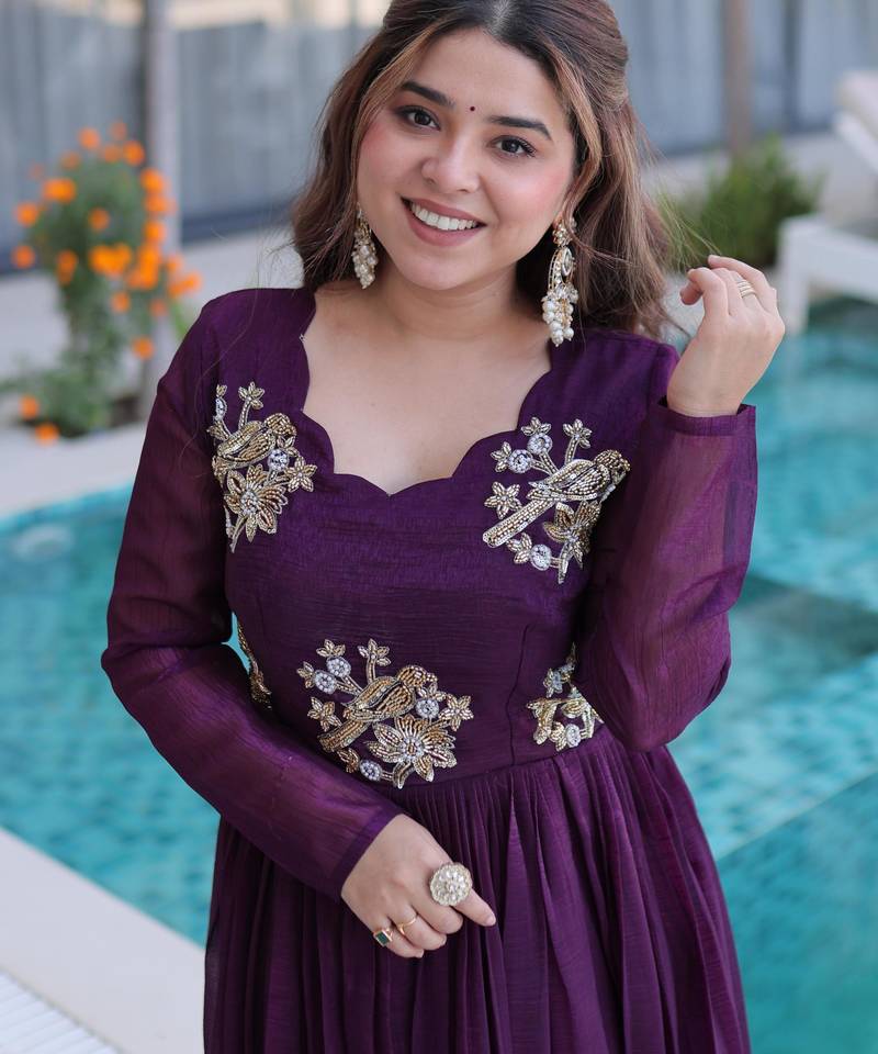 Wine silver crunchy beads embroidered designer anarkali set