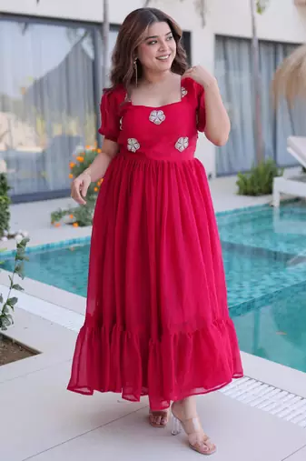 Pink fendi silk beads embroidered designer anarkali set