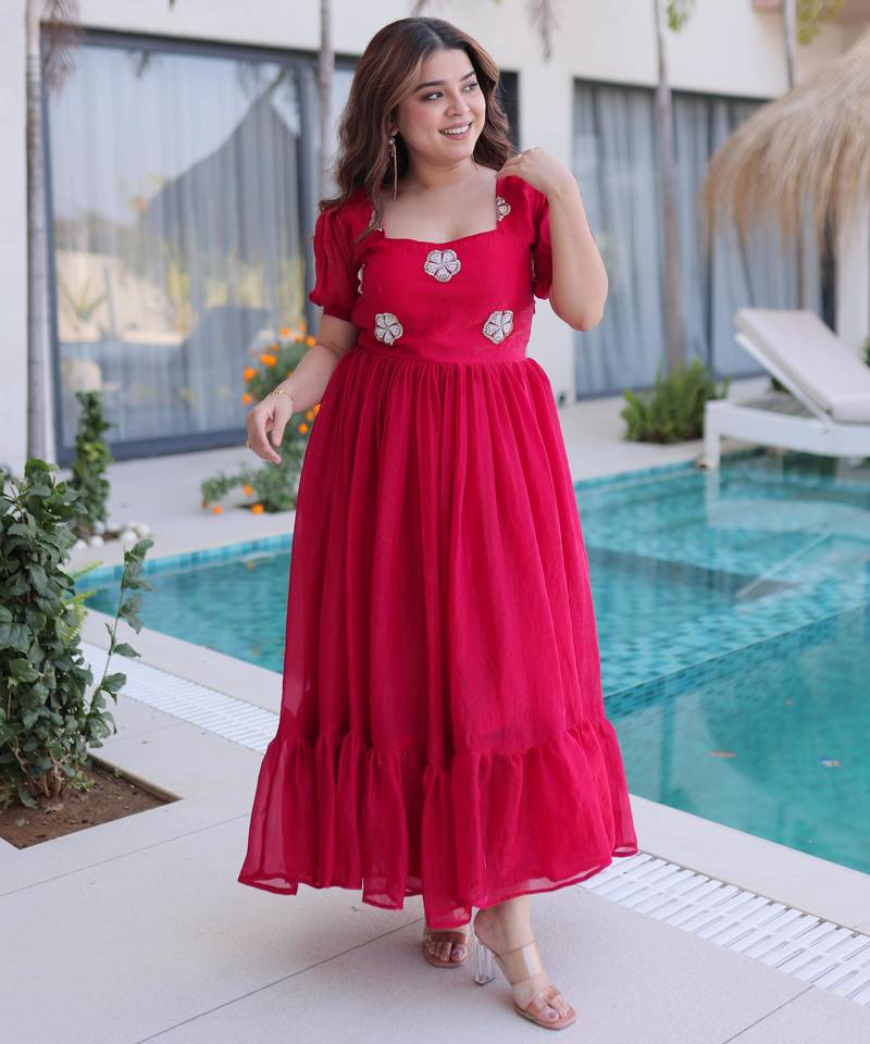 Pink fendi silk beads embroidered designer anarkali set