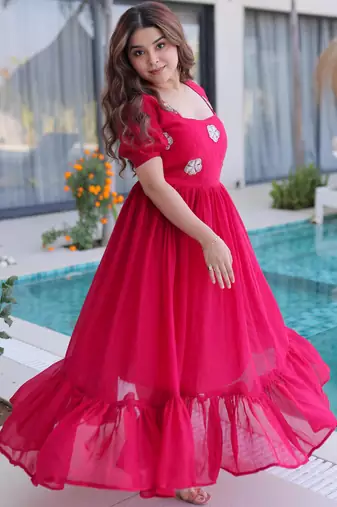 Pink fendi silk beads embroidered designer anarkali set