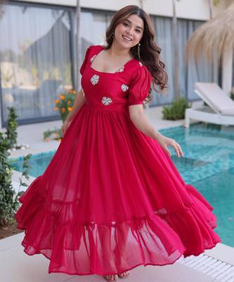 Pink fendi silk beads embroidered designer anarkali set 3