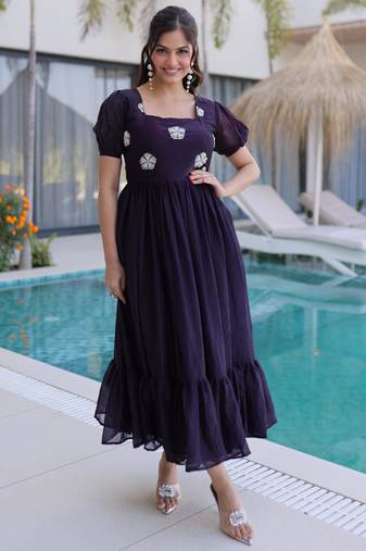 Wine fendi silk beads embroidered designer anarkali set