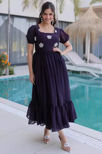 Wine fendi silk beads embroidered designer anarkali set