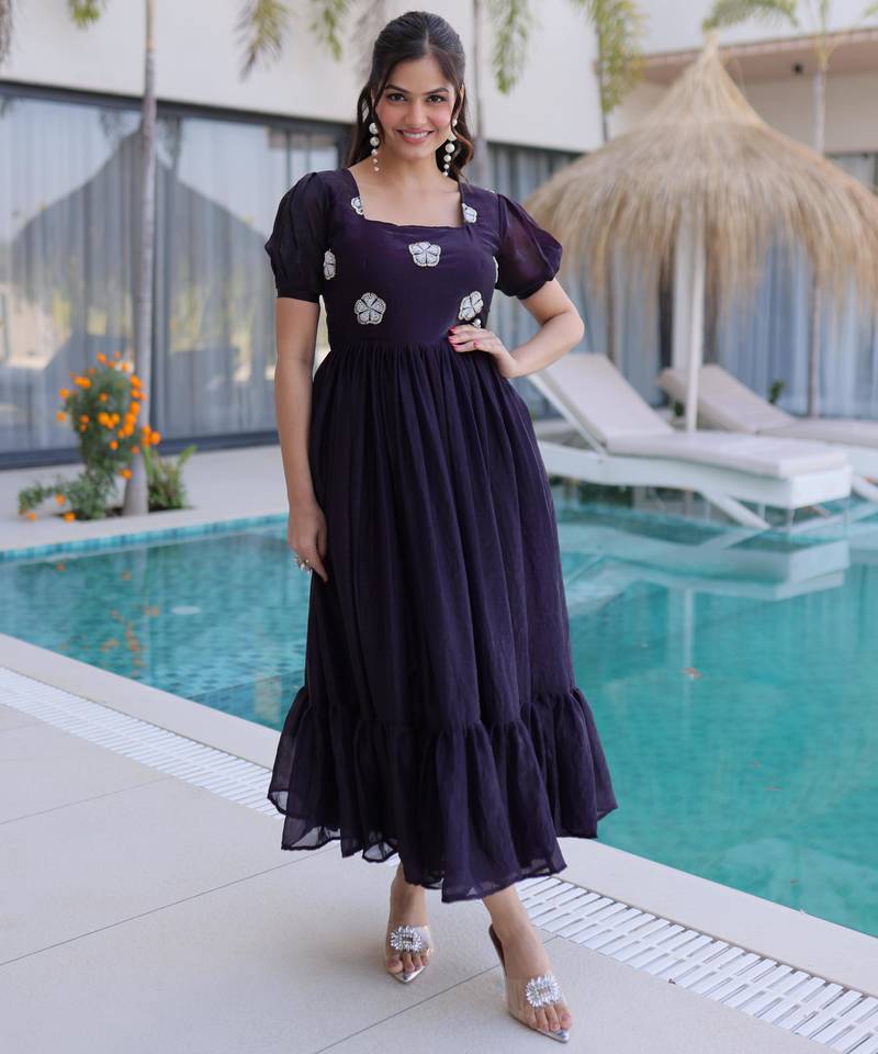 Wine fendi silk beads embroidered designer anarkali set