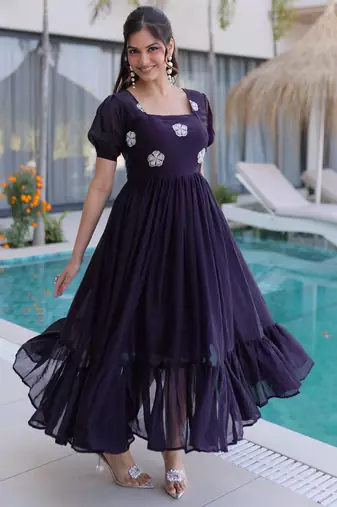 Wine fendi silk beads embroidered designer anarkali set