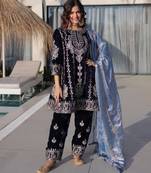 Navy blue velvet zari embroidered kurta set with dupatta