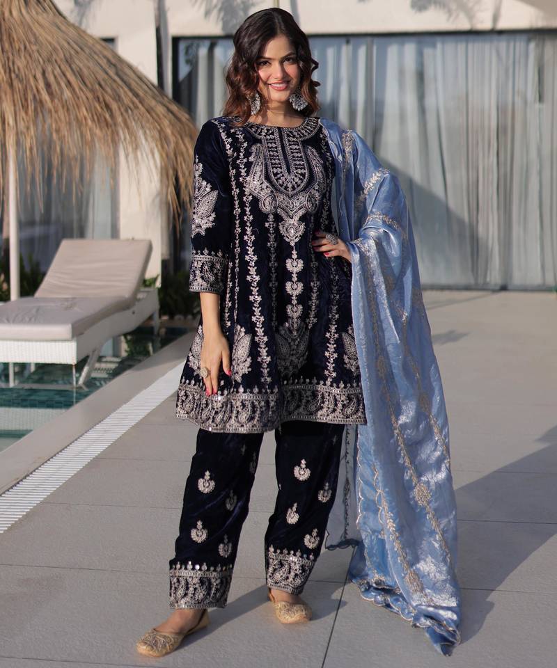 Navy blue velvet zari embroidered kurta set with dupatta
