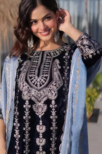 Navy blue velvet zari embroidered kurta set with dupatta