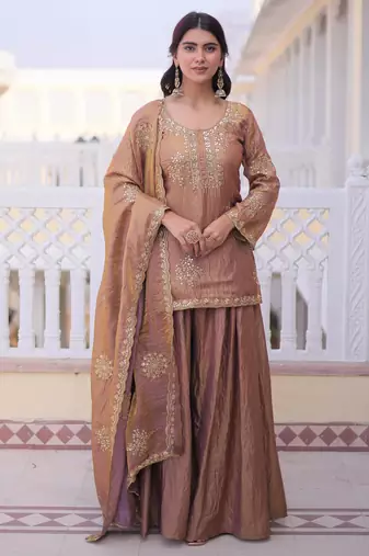 Brown fendi crush embroidered sharara set with dupatta