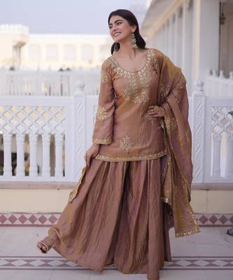 Brown fendi crush embroidered sharara set with dupatta 2