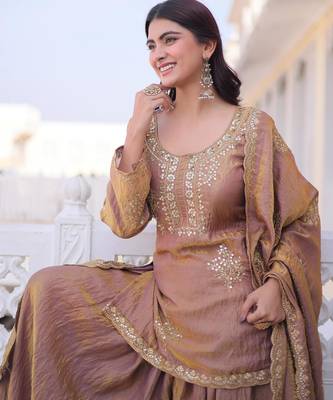 Brown fendi crush embroidered sharara set with dupatta 3