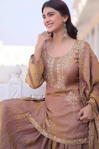 Brown fendi crush embroidered sharara set with dupatta