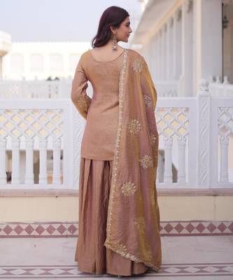 Brown fendi crush embroidered sharara set with dupatta 4
