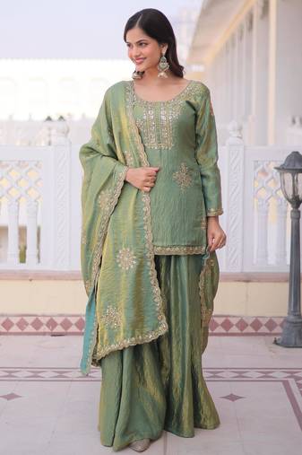 Sea green fendi crush embroidered sharara set with dupatta