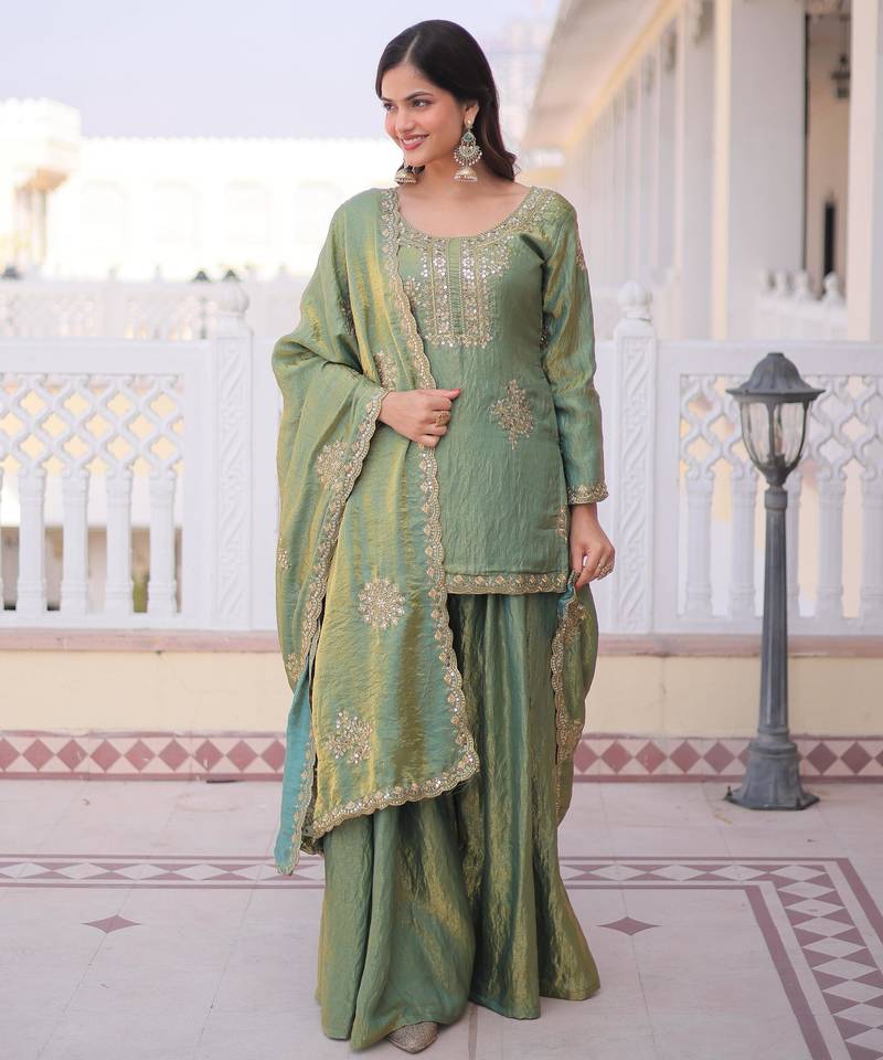 Sea green fendi crush embroidered sharara set with dupatta
