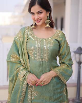 Sea green fendi crush embroidered sharara set with dupatta 3