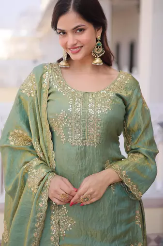 Sea green fendi crush embroidered sharara set with dupatta