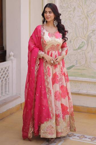 Pink russian silk embroidered anarkali set with dupatta