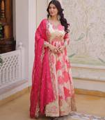 Pink russian silk embroidered anarkali set with dupatta