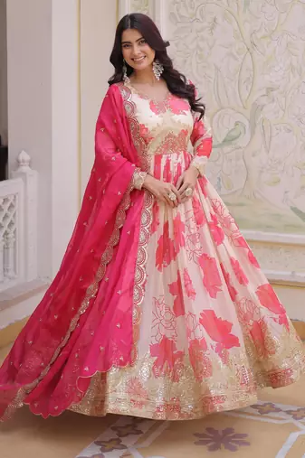 Pink russian silk embroidered anarkali set with dupatta