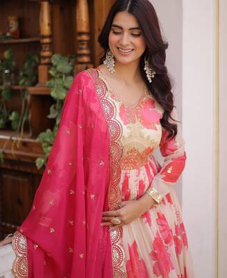 Pink russian silk embroidered anarkali set with dupatta 3