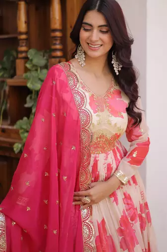 Pink russian silk embroidered anarkali set with dupatta