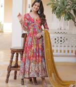 Multicolor russian silk embroidered anarkali set with dupatta