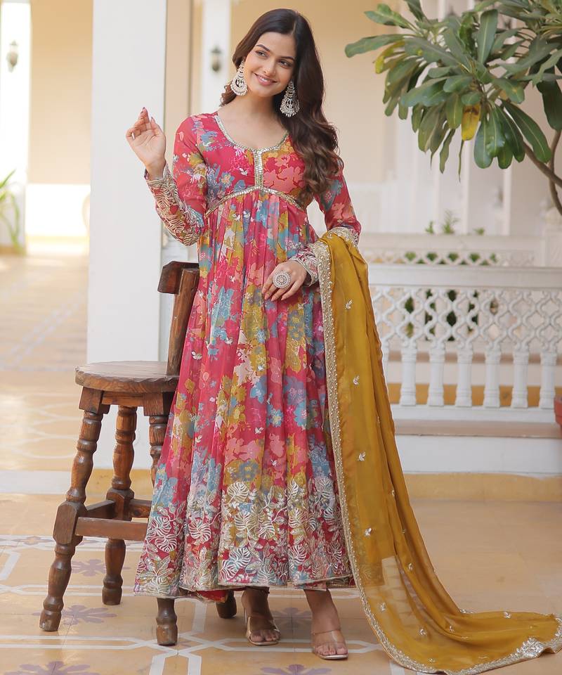 Multicolor russian silk embroidered anarkali set with dupatta