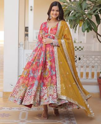 Multicolor russian silk embroidered anarkali set with dupatta 2