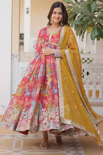 Multicolor russian silk embroidered anarkali set with dupatta