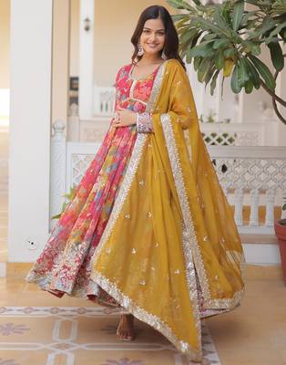 Multicolor russian silk embroidered anarkali set with dupatta 3