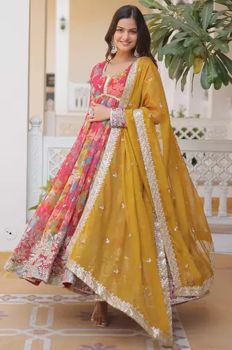 Multicolor russian silk embroidered anarkali set with dupatta