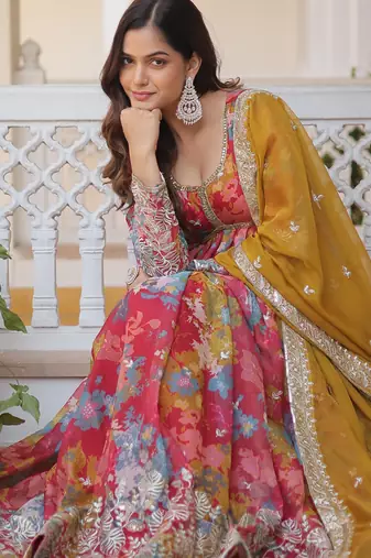 Multicolor russian silk embroidered anarkali set with dupatta